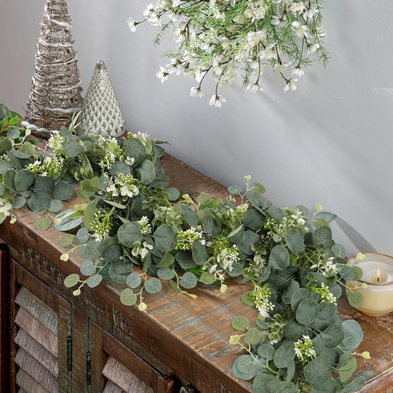 Artificial Eucalyptus Leaves Greenery Garland 2 Packs Faux Eucalyptus Garland Plant Spring Garland Vines with White Flowers Berries Table Runner for Wedding Arch Home Party Mantle Decor